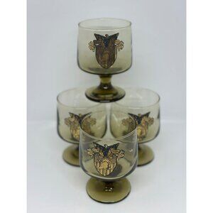 VTG Set of 4 West Point USMA Crest Goblets / Cordials - Smoked Glass Barware